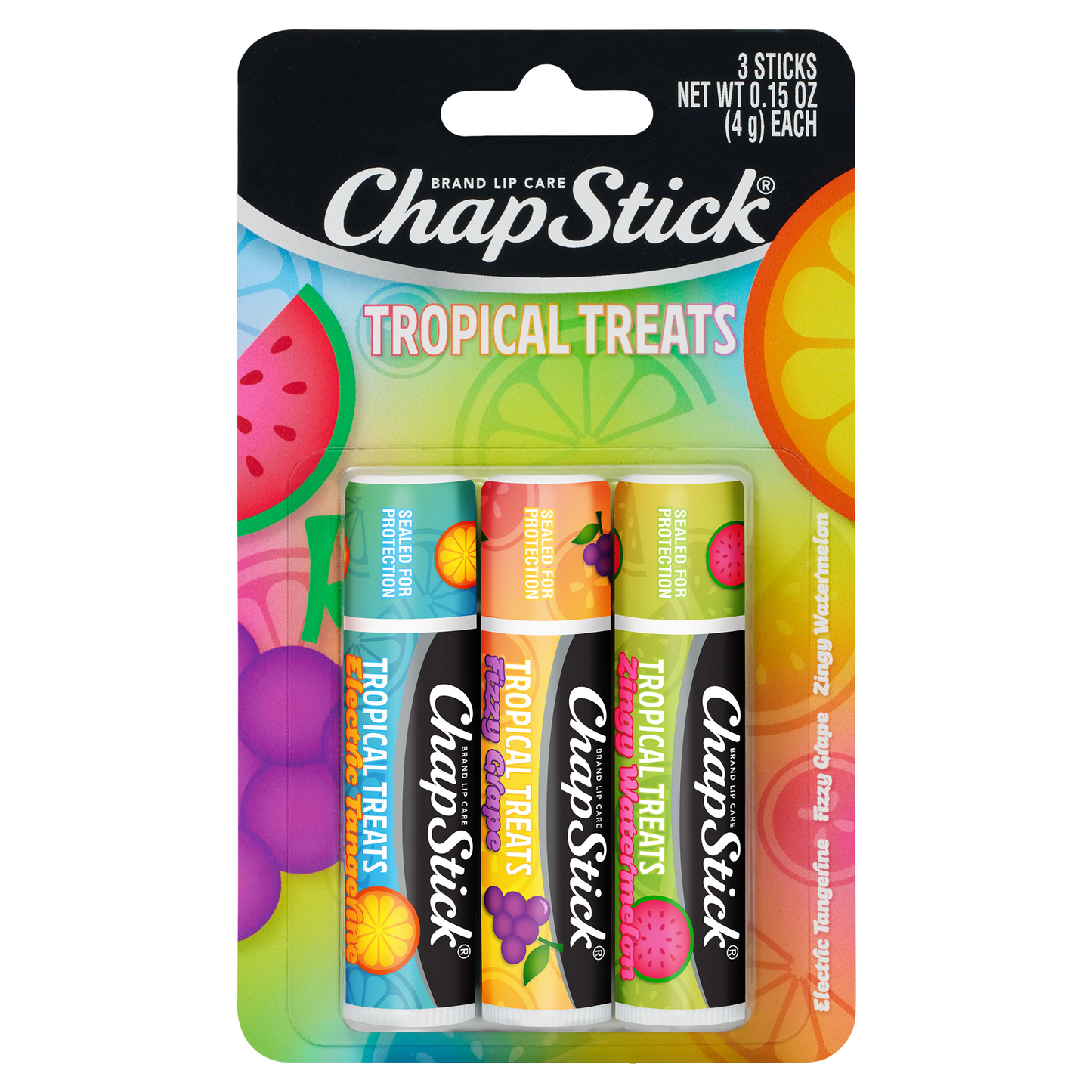 Chapstick Tropical Treats 3ct: Zingy Watermelon, Electric Tangerine & Fizzy Grape