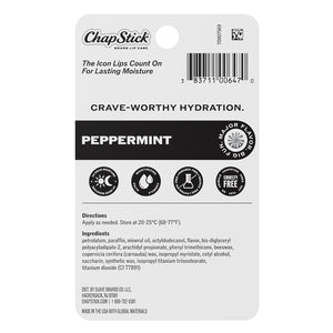 ChapStick Peppermint lip balm package back with hydration and ingredient info icons