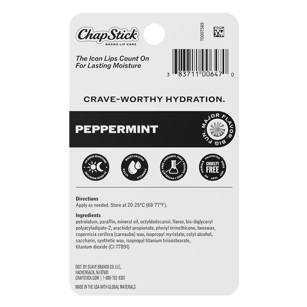 ChapStick Peppermint lip balm package back with hydration and ingredient info icons