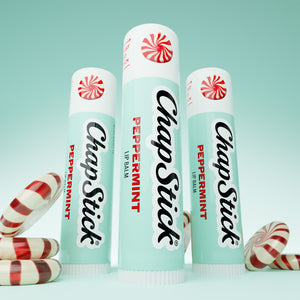 Peppermint lip balm 3-pack with mint-white tubes and red peppermint stripe caps
