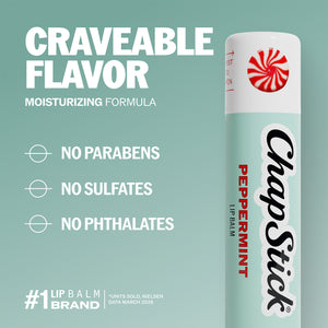 Peppermint lip balm stick with “no parabens, no sulfates, no phthalates” icons
