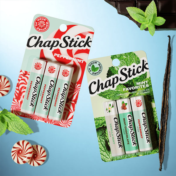 Peppermint lip balm 3-pack display with mint-green packaging and peppermint leaf accents