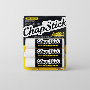 ChapStick Classic Original lip balm pack, blister-wrapped sticks in black and gold