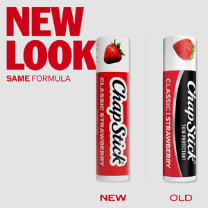 Classic strawberry lip balm tubes showing new look and old look