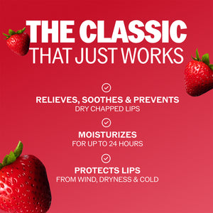 Strawberry lip balm promotion with strawberry graphics