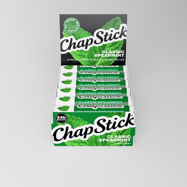 ChapStick Classic Spearmint lip balm display box with green labels and stick rows