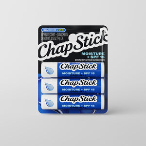 ChapStick Moisture+ SPF 15 lip balm multipack, blue-and-white package with lip icons