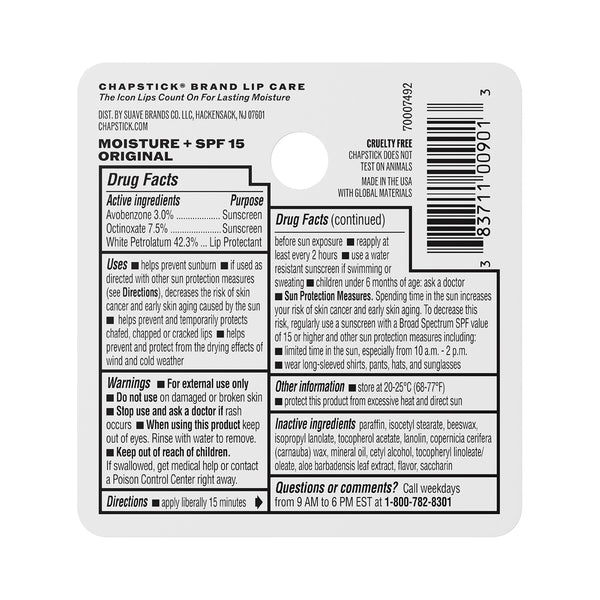 ChapStick Moisture+ SPF 15 lip balm label back panel with ingredient and directions text