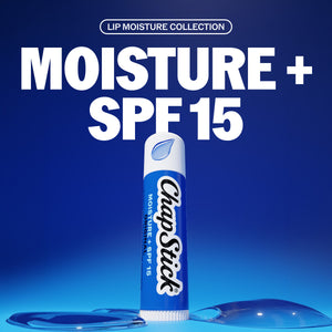 ChapStick Moisture+ SPF 15 lip balm tube with blue cap, shown upright on blue background