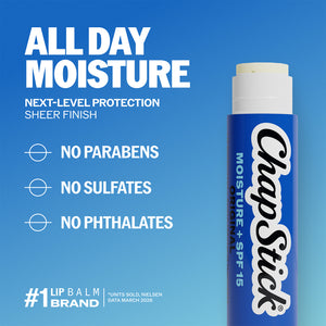 ChapStick Moisture+ SPF 15 lip balm all day moisture graphic with no parabens text