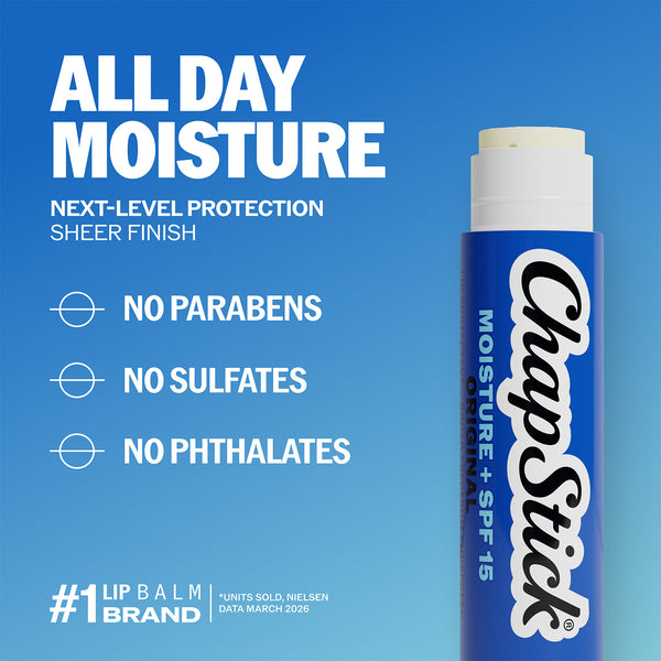 ChapStick Moisture+ SPF 15 lip balm all day moisture graphic with no parabens text