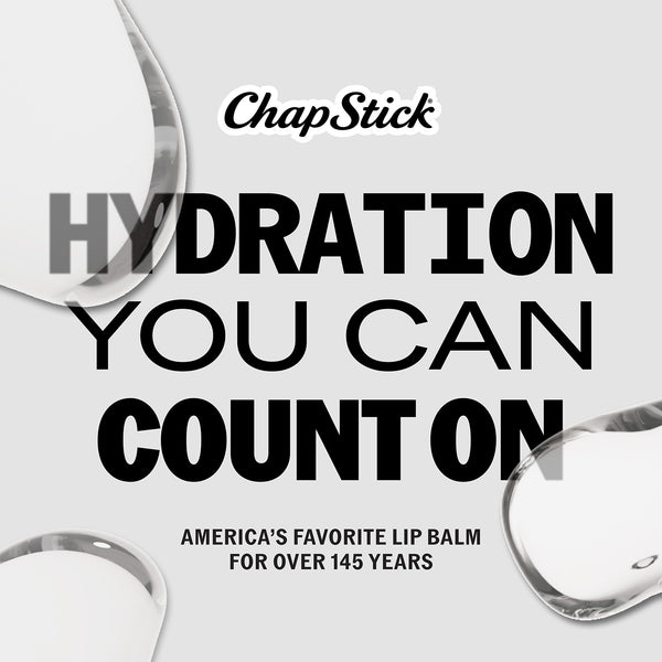 ChapStick hydration marketing graphic with three balm tubes partially visible