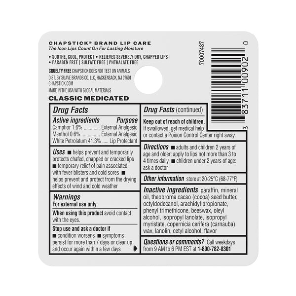 ChapStick classic medicated lip balm back panel with drug facts and barcode