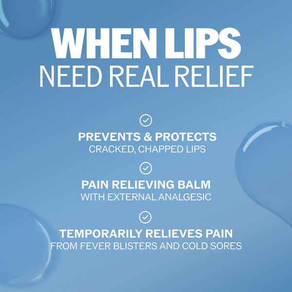 ChapStick pain relieving lip balm graphic with blue background and callout text