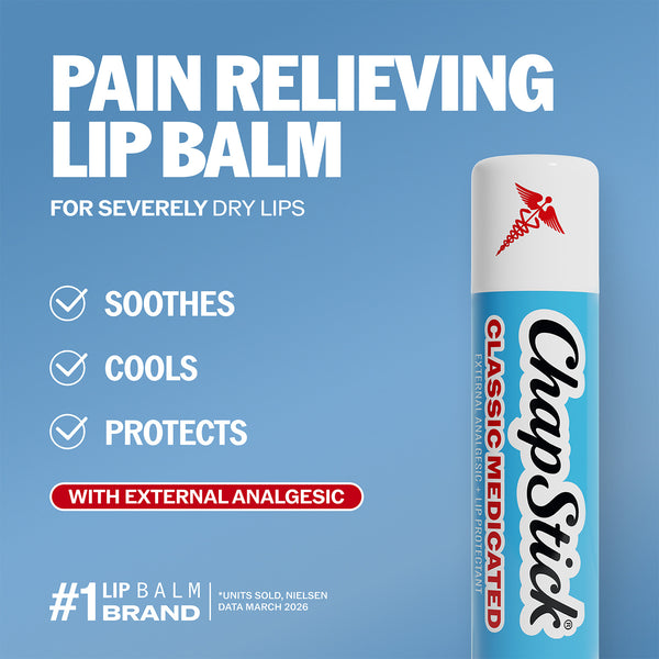 ChapStick pain relieving lip balm stick with blue label for severely dry lips