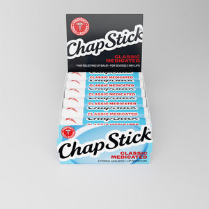 Medicated lip balm multipack display with several blue ChapStick boxes