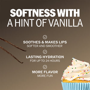 Vanilla lip balm with cupcake image for a vanilla-scented, moisturizing feel