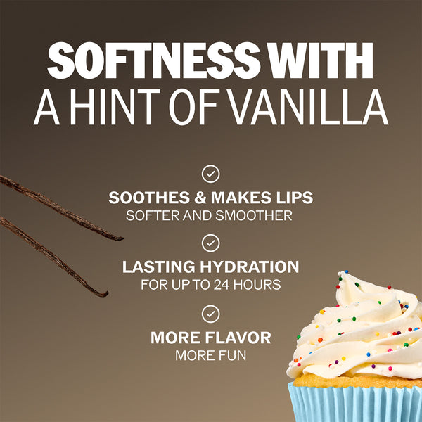 Vanilla lip balm with cupcake image for a vanilla-scented, moisturizing feel