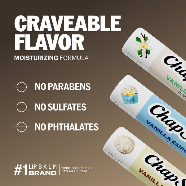 Vanilla Favorites lip balm trio tubes: Vanilla, Vanilla Cupcake, Vanilla Ice Cream