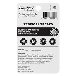 Tropical Treats lip balm label listing Electric Tangerine, Fizzy Grape, Zingy Watermelon