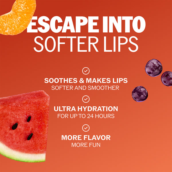 Lip balm benefits panel with watermelon slice and berry icons