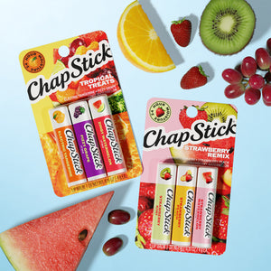 Tropical Treats lip balm multi-pack with tubes and fruit around the packages