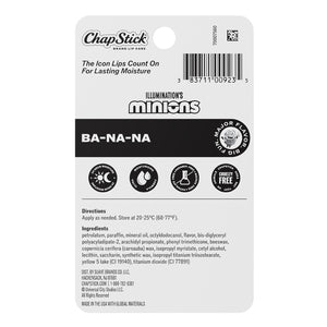 ChapStick Minions Ba-na-na lip balm back card with icons and barcode