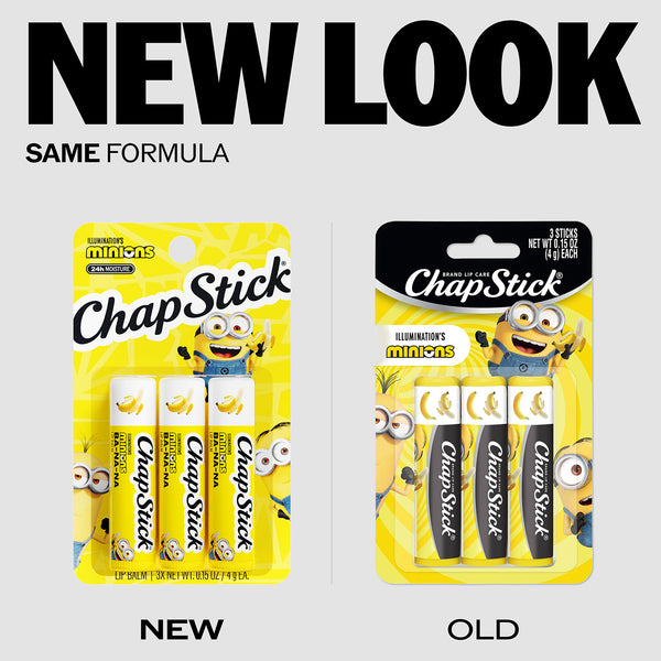 ChapStick Minions lip balm blister packs comparing old and new label designs