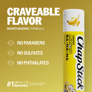 ChapStick Minions Ba-na-na lip balm tube with banana label and care icons