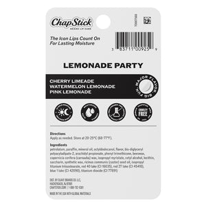 ChapStick Lemonade Party lip balm pack label, three flavors: cherry limeade and more