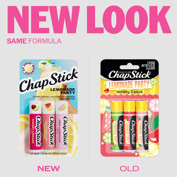 ChapStick Lemonade Party 3-pack blister showing new and old label