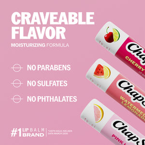 ChapStick lip balm label with no parabens, no sulfates, no phthalates