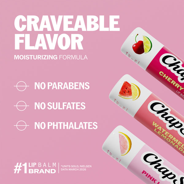ChapStick lip balm label with no parabens, no sulfates, no phthalates