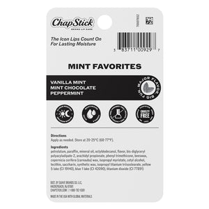 ChapStick Mint Favorites lip balm container with vanilla mint, mint chocolate, peppermint flavors.
