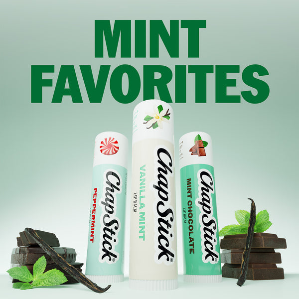 Three ChapStick Mint Favorites lip balm tubes in white and green, mint flavor variety.