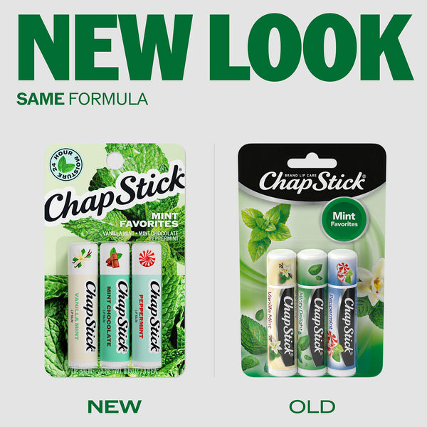 ChapStick Mint Favorites lip balm multipack shown in new and old packaging.