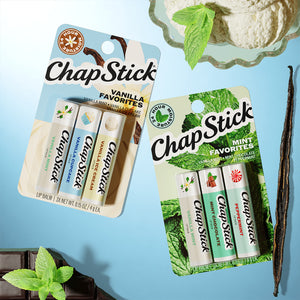 ChapStick Mint Favorites lip balm multipacks with vanilla mint, mint chocolate, peppermint flavors.