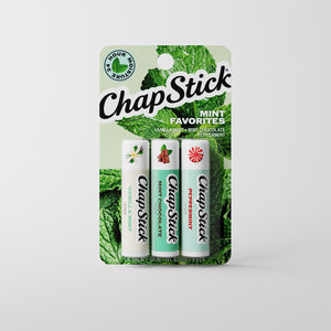 ChapStick Mint Favorites lip balm 3-pack blister with vanilla mint, mint chocolate, peppermint.