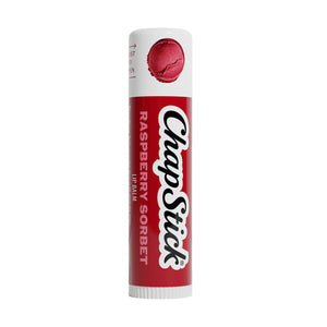 ChapStick Raspberry Sorbet lip balm tube with visible red balm in white cap.