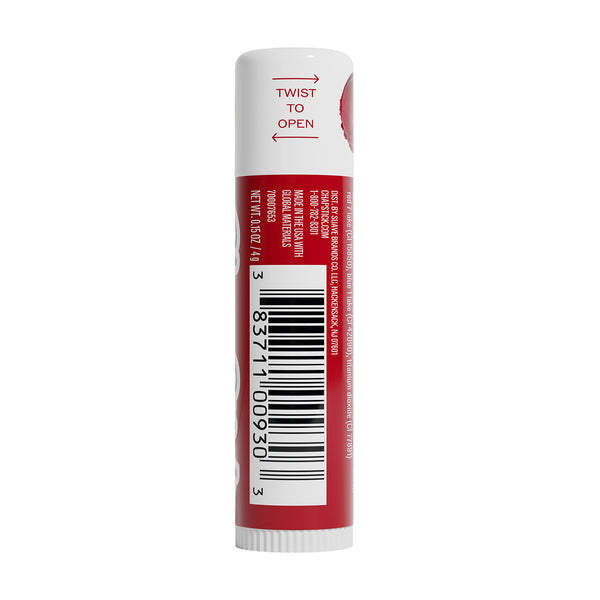 ChapStick Raspberry Sorbet lip balm tube back with barcode and twist-to-open panel.