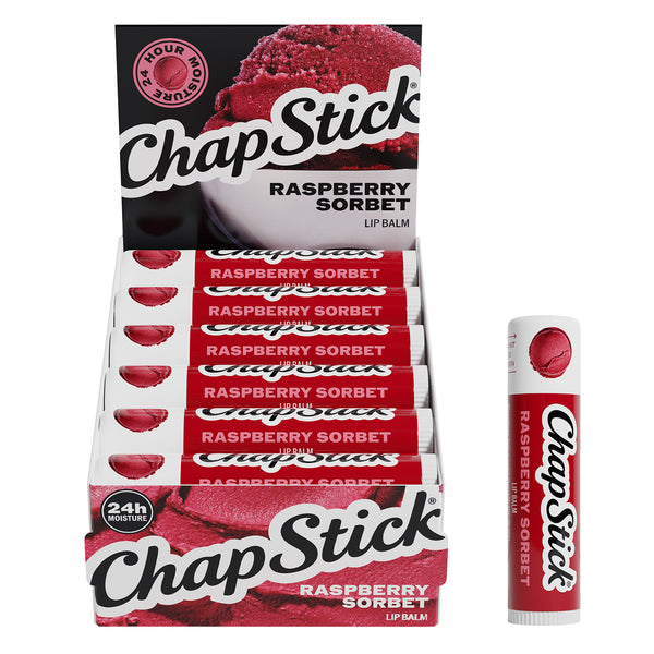 ChapStick Raspberry Sorbet lip balm multipack with box display and lip balm tube.