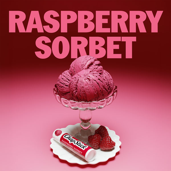 ChapStick Raspberry Sorbet lip balm shown with raspberry sorbet imagery.