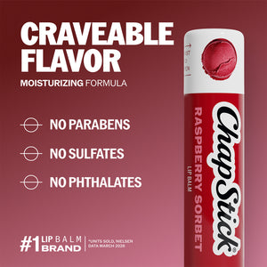 ChapStick Raspberry Sorbet lip balm tube with “craveable flavor” label panel.