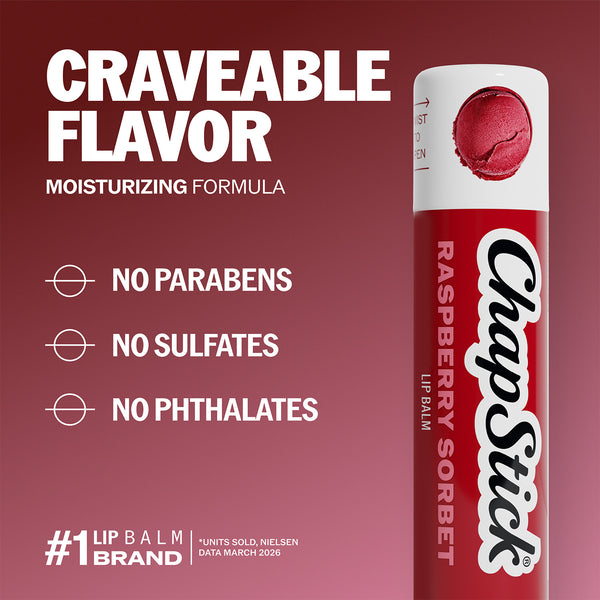 ChapStick Raspberry Sorbet lip balm tube with “craveable flavor” label panel.