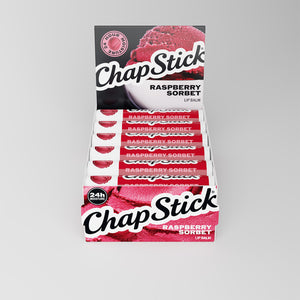 Raspberry sorbet ChapStick lip balm in retail display box, multiple tubes