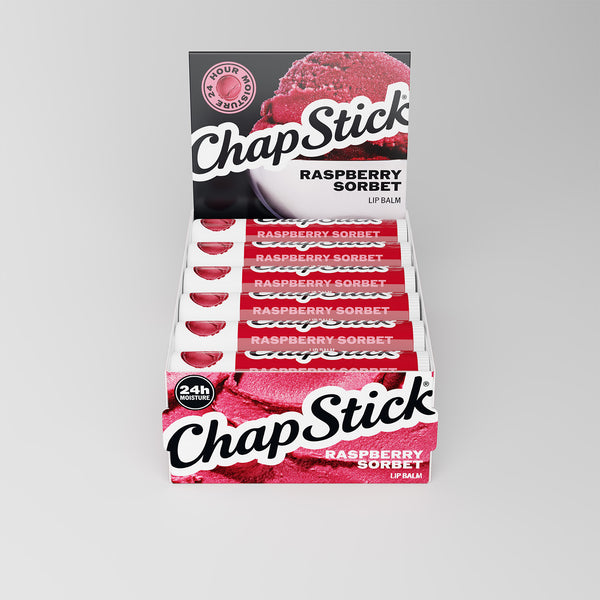 Raspberry sorbet ChapStick lip balm in retail display box, multiple tubes
