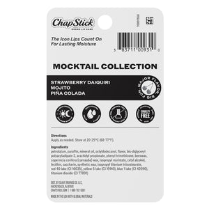 ChapStick Mocktail Collection 3-pack lip balm, back label with ingredient and barcode panel