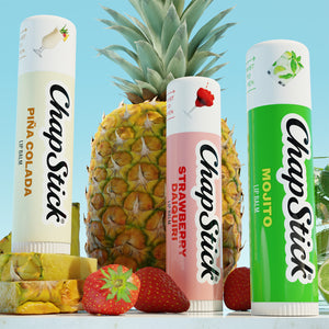 3-pack lip balm tubes: white Pina Colada, pink Strawberry, green Mojito