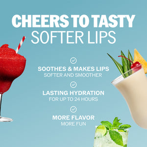 ChapStick lip balm promotional graphic with soft lips and mocktail drink visuals
