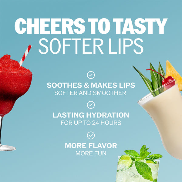 ChapStick lip balm promotional graphic with soft lips and mocktail drink visuals